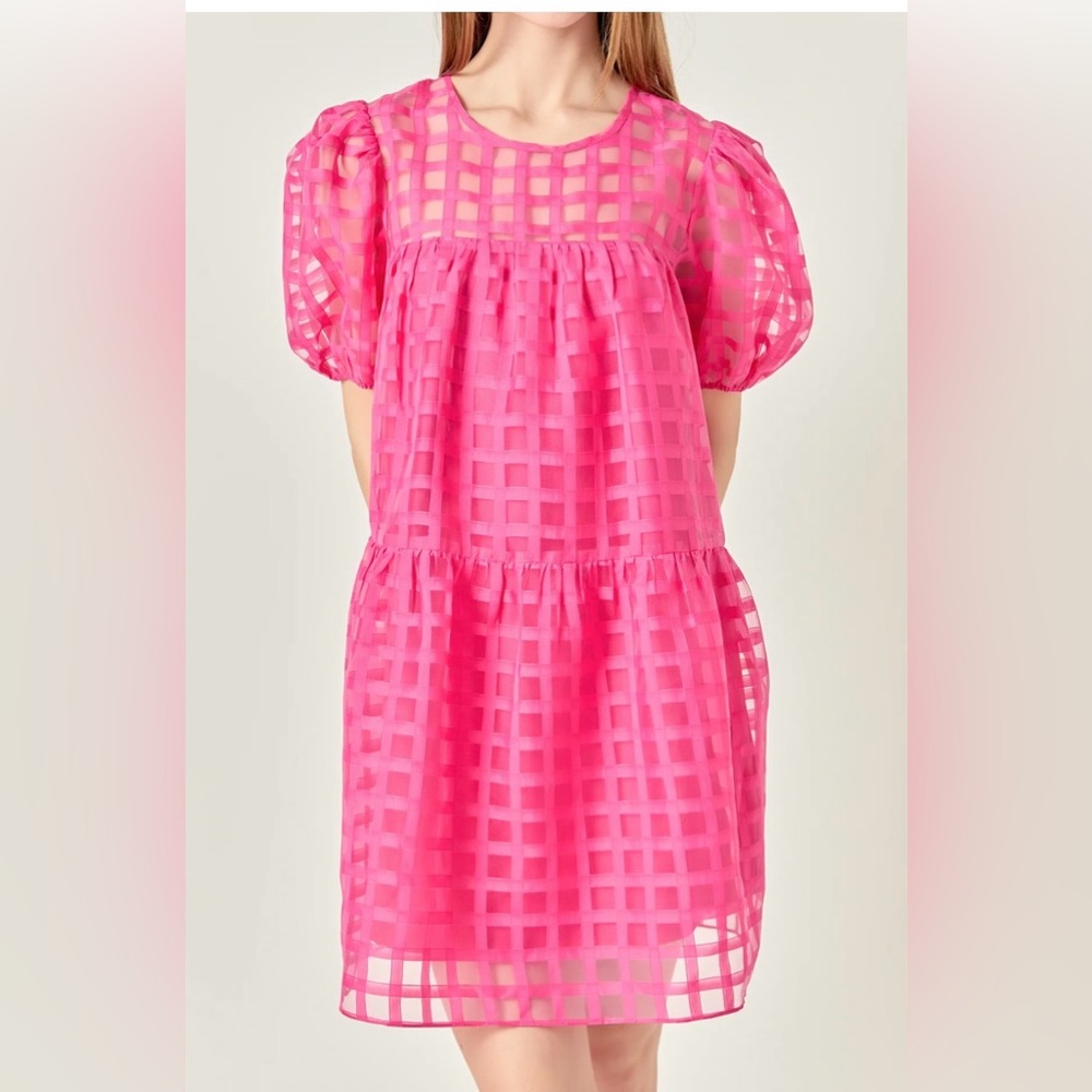English Factory Hot Pink Puff Sleeve Check Dress
